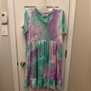 Super Comfy Tie-Dye Short Sleeve Dress in Purple & Teal